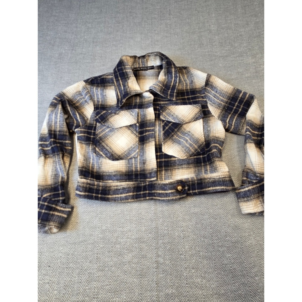 HYFVE Cropped Shacket Womens Medium Multicolor Plaid Flannel Collar Button Front